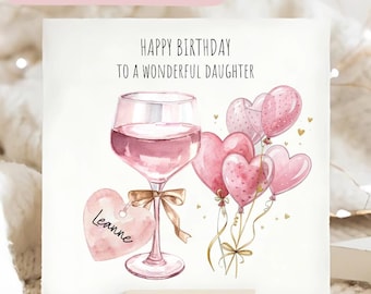 Tarjeta de cumpleaños con globo y corazón de vino para hija, regalo de cumpleaños para hija, tarjeta de cumpleaños personalizada para hija, cumpleaños rosa cóctel