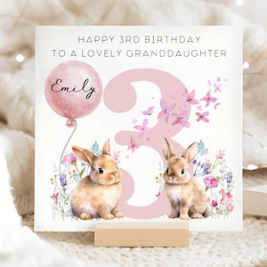 Granddaughter 3rd Birthday Personalised Card, Rabbit & Butterfly 3rd Birthday Card, Personalised Granddaughter Turns Three, Granddaughter 3
