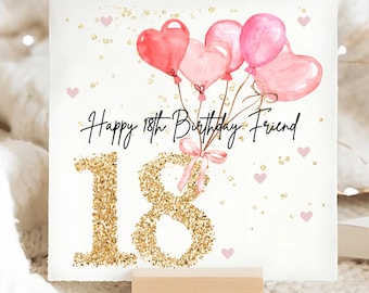 Friend 18th Pink Balloon Birthday Card, Personalised Friend 18 Birthday Card, Friend Eighteenth, Female Friend 18th Birthday Gift, Bestie 18