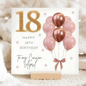 Cousin 18th Birthday Pink Brown & Gold Balloon Card, Personalised Cousin Eighteenth Birthday Card, Cousin Is 18 Card, Female Cousin Card