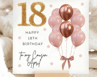 Cousin 18th Birthday Pink Brown & Gold Balloon Card, Personalised Cousin Eighteenth Birthday Card, Cousin Is 18 Card, Female Cousin Card