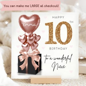 Carte personnalisée pour 10e anniversaire de nièce, carte ballon noir or rose, nièce a 10 ans, cadeau de dixième anniversaire, carte de 10e anniversaire nièce