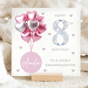 Carte personnalisée de 8e anniversaire de petite-fille, carte ballon rose argenté, petite-fille a 8 ans, cadeau de huitième anniversaire, petite-fille de huit ans
