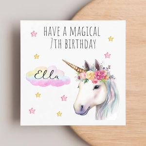 Carte magique de 7e anniversaire licorne, carte personnalisée de 7 anniversaires, septième anniversaire, 7 ans, fille, nièce, fille, petite-fille, soeur