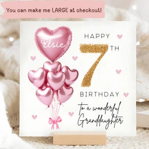 Granddaughter 7th Birthday Personalised Card, Pink Gold Balloon Card, Granddaughter is 7, Seventh Birthday Gift, Seventh Granddaughter Card