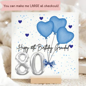 Grandad 80th Birthday Blue Balloon Card, Personalised Grandad Birthday Card, Pops, Gramps, Grandpa, Eighty, Grandads Eightieth Birthday Gift