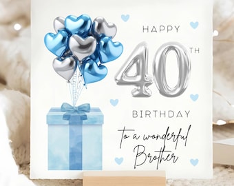 Biglietto di auguri per il quarantesimo compleanno del fratello con palloncino blu argento, Il meraviglioso fratello compie quarant'anni, per il suo compleanno, biglietto di auguri di compleanno per fratello con palloncino in lamina, Fratello quarantesimo