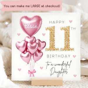 Daughter 11th Birthday Personalised Card, Pink Gold Balloon Card, Daughter is 11, Eleventh Birthday Gift, Daughter Eleven Card, Daughter 11