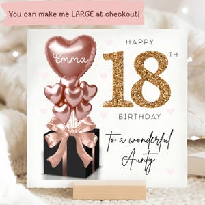 Carte personnalisée d'anniversaire de tante 18e, carte ballon noir or rose, tante a 18 ans, cadeau dix-huitième anniversaire, carte d'anniversaire tante 18 ans