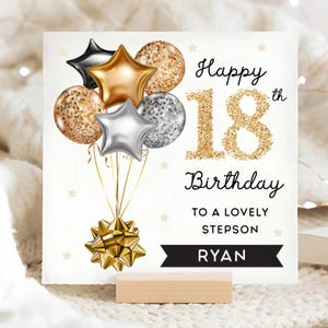 Tarjeta personalizada para el 18.º cumpleaños de mi hijastro, tarjeta con globo dorado y negro, regalo para el decimoctavo cumpleaños de mi hijastro.