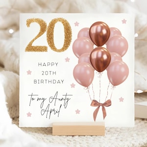Carte de 20e anniversaire de tante rose marron et ballon doré, carte personnalisée de vingt ans de tante, carte tante a 20 ans, carte d'anniversaire tante
