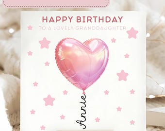 Granddaughter Stars Balloon Birthday Card, Personalised Granddaughter Balloon Card, Pretty Pink Granddaughter Card, Granddaughter Birthday