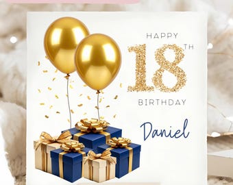 18th Birthday Blue & Gold Card, Personalised 18 Birthday Card, His Eighteenth Birthday Card, Son, Brother, Nephew, Cousin, Grandson Eighteen