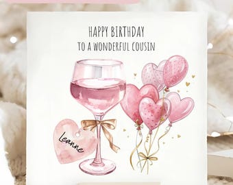 Tarjeta de cumpleaños para prima con globo de corazón de vino, regalo de cumpleaños para prima, tarjeta de cumpleaños personalizada para prima, cumpleaños rosa cóctel