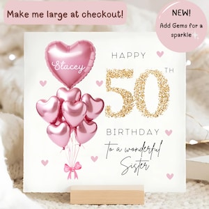 Sister 50th Birthday Personalised Card, Pink Sparkle Balloon Card, Sister is 50, Fiftieth Birthday Gift, Sister Fifty Birthday Card, 50 card image 1