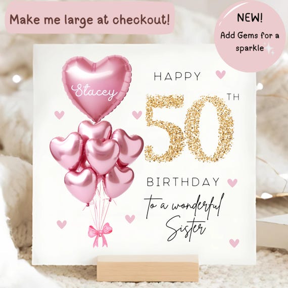 Sister 50th Birthday Personalised Card, Pink Sparkle Balloon Card, Sister is 50, Fiftieth Birthday Gift, Sister Fifty Birthday Card, 50 card