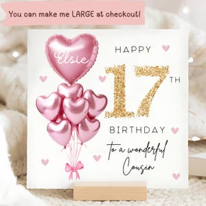 Tarjeta personalizada para el cumpleaños número 17 de un primo, tarjeta con globo dorado rosa, el primo tiene 17 años, regalo para el decimoséptimo cumpleaños, cumpleaños número 17 del primo, diecisiete