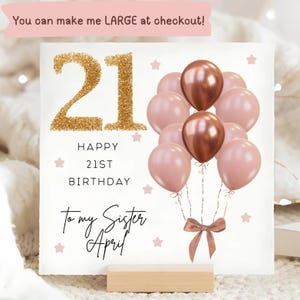 Carte de 21e anniversaire de soeur, marron rose et ballon d'or, carte personnalisée de vingt et unième anniversaire de soeur, carte de soeur a 21 ans, carte de soeur femelle