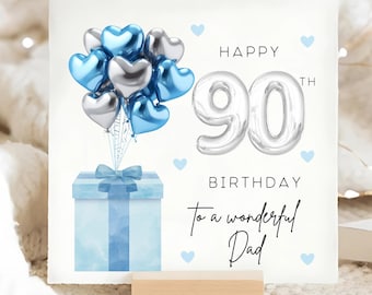 Tarjeta con globo azul plateado para papá, 90 años, para su cumpleaños. Tarjeta con globo de aluminio para papá, 90 años.
