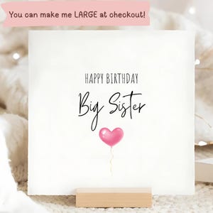 Carte d'anniversaire grande soeur ballon, anniversaire grande soeur, joyeux anniversaire soeur, carte d'anniversaire frère et soeur, carte ballon coeur rose, soeur, grande poule mouillée