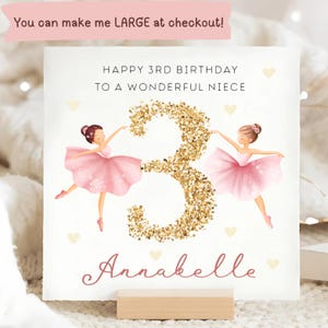 Biglietto personalizzato per il 3° compleanno della nipote con ballerina, biglietto per il terzo compleanno della nipote bambina, biglietto per il 3° compleanno della nipote, biglietto con numero glitter oro, fata rosa