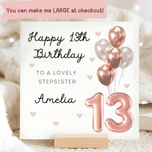 Carte d'anniversaire personnalisée 13e demi-soeur, carte ballon de 13e anniversaire en or rose, carte d'adolescent demi-soeur, officiellement carte d'adolescent