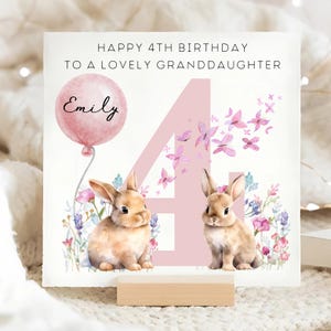 Carte personnalisée 4e anniversaire de petite-fille, carte 4e anniversaire lapin et papillon, petite-fille personnalisée fête ses quatre ans, petite-fille 4 ans