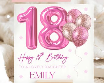 Daughter 18th Magenta Pink Balloon Card, Personalised Daughter Eighteen Card, Daughter 18th Birthday Card, Bright Pink Glitter Effect 18