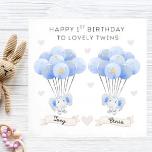 Twins 1st Birthday Blue Elephants Card, Personalised Twin Baby Boys Birthday Card, Twin First Birthday Card, Twins Turning 1, Lovely Twins