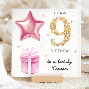 Carte d'anniversaire cousine 9 ans, carte rose avec ballon aluminium, La cousine a 9 ans, carte cousin neuvième anniversaire, cousine a neuf ans, carte ballon aluminium étoile, elle