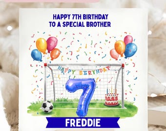 Tarjeta de cumpleaños número 7 para hermano (fútbol), Tarjeta para hermano cumple 7 años, Tarjeta para fiesta de cumpleaños número 7 de fútbol para hermano, Tarjeta con pastel de gol con globos, Regalo de fútbol