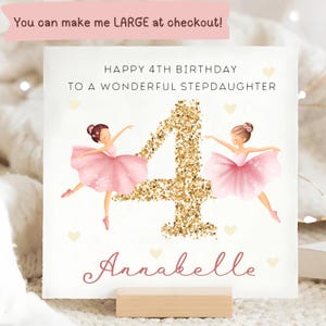 Biglietto personalizzato per il 4° compleanno della figliastra con ballerina, biglietto per il 4° compleanno della figliastra, biglietto per il 4° compleanno della figliastra, numero glitter oro