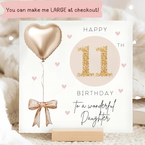 Carte d'anniversaire or et beige fille 11 ans, carte fille 11 ans personnalisée, carte fille a onze ans, carte fille onzième anniversaire