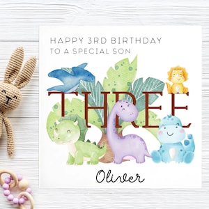 Carte d'anniversaire dinosaure 3e fils, carte Dino fils personnalisée, troisième carte d'anniversaire fils, fils fête ses trois ans Jurassique, belle carte d'anniversaire fils