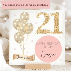 Tarjeta de cumpleaños número 21 para primo/a con globo dorado, tarjeta personalizada para primo/a, feliz cumpleaños número 21, regalo para primo/a que cumple 21 años, primo/a veintiuno