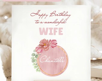 Wife Pink Flower Birthday Card, Wife Personalised Birthday Card, Wifey Happy Birthday Gift, Wonderful Wife Birthday Card