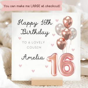 Cousin 16th Personalised Birthday Card, Rose Gold 16th Birthday Balloon Card, Cousin Sweet Sixteen Card, Cousin Sixteenth Birthday