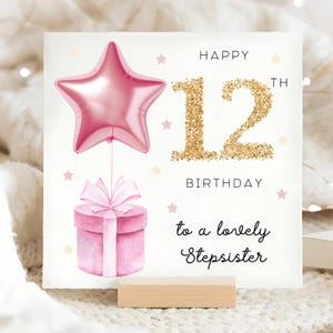 Carte d'anniversaire 12e demi-soeur, carte ballon rose étoile, demi-soeur a 12 ans, carte de douzième anniversaire demi-soeur, cadeau demi-soeur douze
