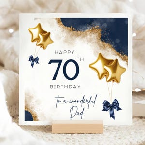 Dad 70th Marble Navy Blue Gold Card, Dad Turns 70 Card, Father Seventieth Birthday Card, Daddy Is Seventy Card, Gold Balloon Card, Papa, Pop