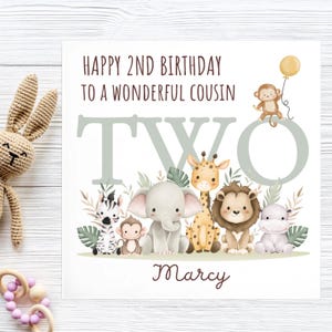 Cousin 2nd Birthday Jungle Animal Card, Cousin Is Two Card, Personalised 2 Year Old Card, Cousin Second Birthday, Lovely Cousin Birthday