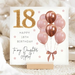 Tarjeta de cumpleaños número 18 para hija con globo rosa, marrón y dorado. Tarjeta personalizada para el decimoctavo cumpleaños de tu hija. Tarjeta para tu hija de 18 años.