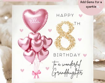 Granddaughter 8th Birthday Personalised Card, Pink Gold Balloon Card, Granddaughter is 8, Eighth Birthday Gift, Eighth Granddaughter Card