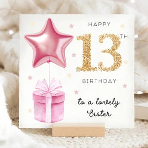 Carte d'anniversaire soeur 13e, carte ballon étoile feuille rose, soeur a 13 ans, carte d'anniversaire soeur treize, carte soeur treize, belle soeur