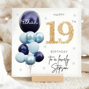Carte personnalisée 19e anniversaire de beau-fils, carte ballon en or bleu, beau-fils a 19 ans, cadeau d'anniversaire dix-neuf, carte beau-fils 19e, beau beau-fils