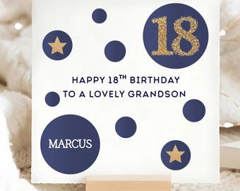 Grandson 18th Blue & Gold Birthday Card, Personalised Grandson 18 Birthday Card, Grandson Eighteenth Birthday Card, Grandson Is 18