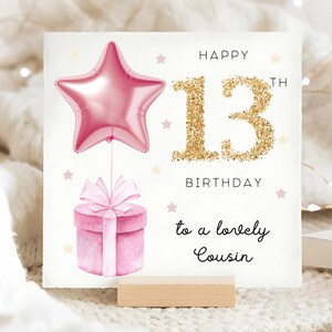 Cousin 13th Birthday Card, Pink Foil Star Balloon Card, Cousin Is 13, Cousin Thirteen Birthday Card, Cousin Thirteen Card, Girl Cousin Card