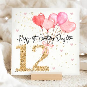 12e carte d'anniversaire ballon rose pour fille, carte de 12e anniversaire fille personnalisée, douzième carte rose pour fille, cadeau fille de douze ans