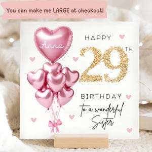 Sister 29th Birthday Personalised Card, Pink Gold Balloon Card, Sister is 29, Twenty-Ninth Birthday Gift, Sister 29th Birthday Card