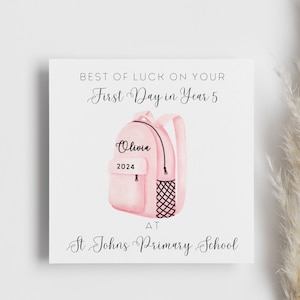 Carte personnalisée pour sac à dos premier jour d'école - pour elle - fille - petite-fille - cadeau de rentrée - carte porte-bonheur - primaire
