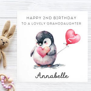 Carte personnalisée 2e anniversaire de petite-fille pingouin, deuxième carte d'anniversaire de petite-fille, carte de petite-fille ayant deux ans, belle petite-fille
